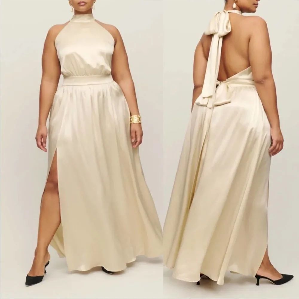 NWT Reformation Ivory Alani Silk Side Slit Backless Halter Maxi Dress size 14